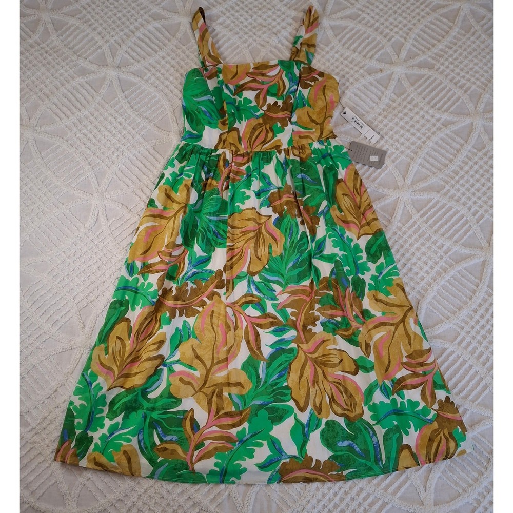 Maggy London Womens Size 10 Tropical Leaf Midi Dress White Olive Green NWT
